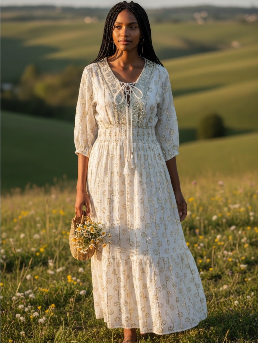 Me 2 Magic Anthropologie Cream Gold Maxi Dress Boho Goddess Festival Women’s L